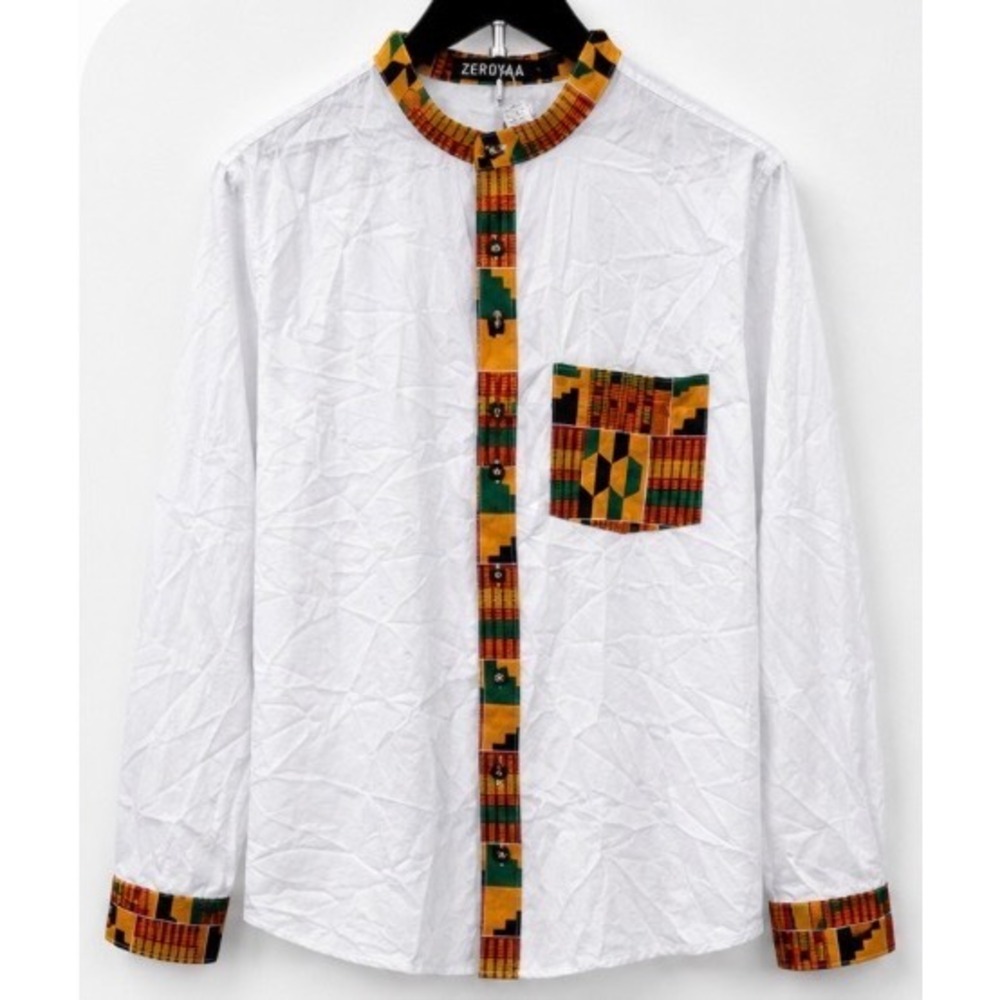 ZeroYaa White African Kente Print Trim Shirt Mandarin Collar Dashiki Style L